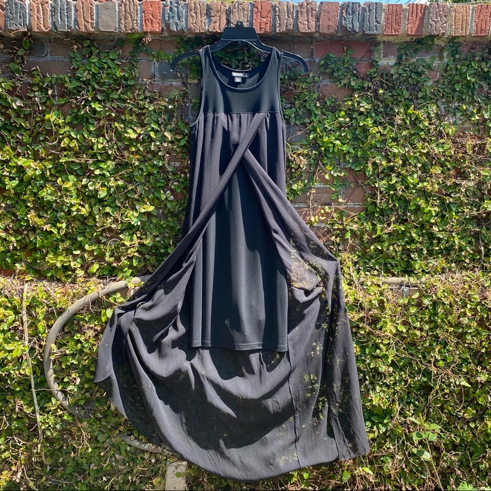 DKNY black mini dress with sheer overlay
